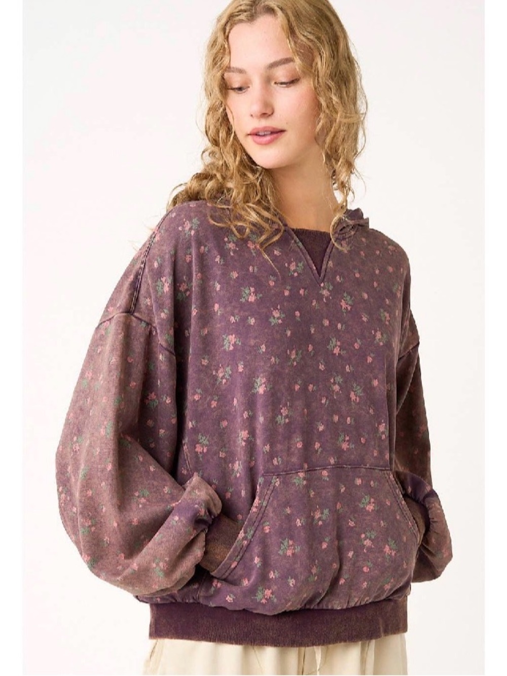 mittoshop Vintage Floral Pullover Hoodie - Plum